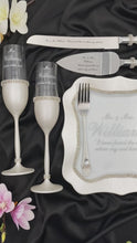 Load and play video in Gallery viewer, Silver wedding cake cutting set, wedding glasses for bride and groom, wedding plate & forks, unity candles