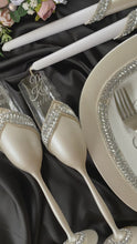 Load and play video in Gallery viewer, Silver wedding glasses for bride and groom, wedding cake cutting set, wedding plate and forks, unity candles