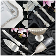 Load image into Gallery viewer, Silver wedding cake cutting set, wedding glasses for bride and groom
