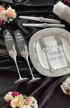 Load and play video in Gallery viewer, Gray wedding glasses for bride and groom, cake knife and server, wedding plate, unity candles