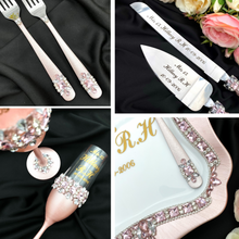 Load image into Gallery viewer, Powdery wedding glasses for bride and groom, wedding cake server sets