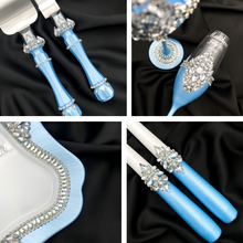 Load image into Gallery viewer, Blue wedding glasses for bride and groom, wedding cake server sets