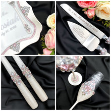 Load image into Gallery viewer, Silver pink wedding glasses for bride and groom, wedding cake server sets
