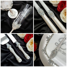 Load image into Gallery viewer, Silver wedding glasses for bride and groom, cake knife and server, wedding plate