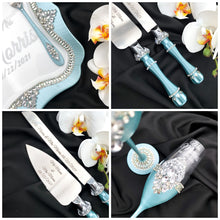 Load image into Gallery viewer, Tiffany wedding cake cutting set, wedding glasses for bride and groom, wedding plate & forks