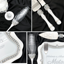 Load image into Gallery viewer, White wedding glasses for bride and groom, cake knife and server, wedding plate and forks