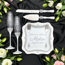 Load image into Gallery viewer, White wedding glasses for bride and groom, cake knife and server, wedding plate and forks
