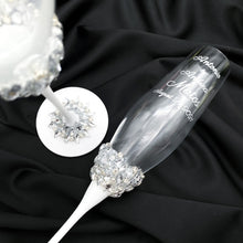Load image into Gallery viewer, White wedding glasses for bride and groom, cake knife and server