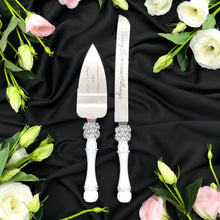 Load image into Gallery viewer, White wedding glasses for bride and groom, cake knife and server