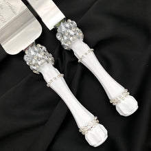 Load image into Gallery viewer, White wedding glasses for bride and groom, cake knife and server