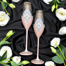 Load image into Gallery viewer, Light beige wedding glasses for bride and groom, wedding cake server sets
