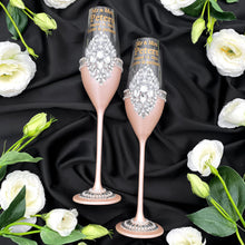 Load image into Gallery viewer, Light beige wedding glasses for bride and groom, wedding cake server sets
