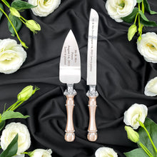 Load image into Gallery viewer, Light beige wedding glasses for bride and groom, wedding cake server sets