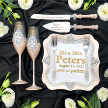 Load image into Gallery viewer, Light beige wedding glasses for bride and groom, wedding cake server sets