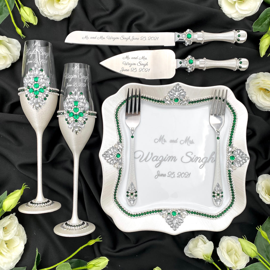 Silver wedding cake cutting set, wedding glasses for bride and groom, wedding plate & forks