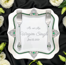 Load image into Gallery viewer, Silver wedding cake cutting set, wedding glasses for bride and groom, wedding plate & forks