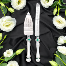 Load image into Gallery viewer, Silver wedding cake cutting set, wedding glasses for bride and groom, wedding plate & forks