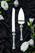 Load image into Gallery viewer, Gray wedding cake cutting set, wedding glasses for bride and groom