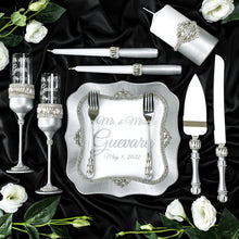 Load image into Gallery viewer, Gray wedding cake cutting set, wedding glasses for bride and groom