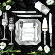 Load image into Gallery viewer, Gray wedding cake cutting set, wedding glasses for bride and groom, wedding plate &amp; forks,
