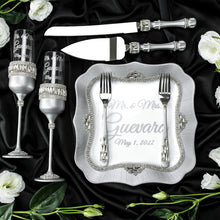 Load image into Gallery viewer, Gray wedding cake cutting set, wedding glasses for bride and groom