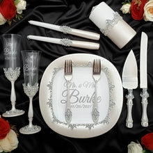 Load image into Gallery viewer, Silver wedding glasses for bride and groom, cake knife and server, wedding plate, unity candles