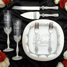 Load image into Gallery viewer, Silver wedding glasses for bride and groom, cake knife and server, wedding plate, unity candles
