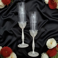 Load image into Gallery viewer, Silver wedding glasses for bride and groom, cake knife and server