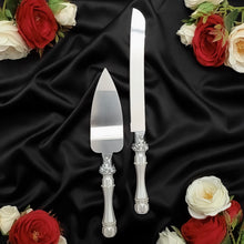 Load image into Gallery viewer, Silver wedding glasses for bride and groom, cake knife and server