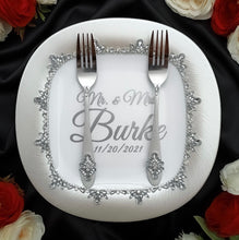 Load image into Gallery viewer, Silver wedding glasses for bride and groom, cake knife and server, wedding plate, unity candles