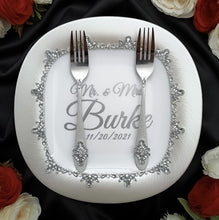 Load image into Gallery viewer, Silver wedding glasses for bride and groom, cake knife and server, wedding plate

