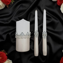 Load image into Gallery viewer, Silver wedding glasses for bride and groom, cake knife and server, wedding plate, unity candles