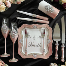 Load image into Gallery viewer, Powdery wedding cake cutting set, wedding glasses for bride and groom, wedding plate & forks
