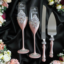 Load image into Gallery viewer, Powdery wedding cake cutting set, wedding glasses for bride and groom
