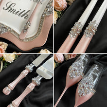 Load image into Gallery viewer, Powdery wedding cake cutting set, wedding glasses for bride and groom