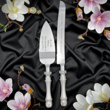 Load image into Gallery viewer, Silver wedding cake cutting set, wedding glasses for bride and groom