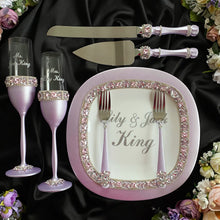 Load image into Gallery viewer, Purple wedding glasses, cake serving set, wedding plate&knife, unity candles