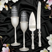 Load image into Gallery viewer, Silver wedding cake cutting set, wedding glasses for bride and groom, wedding plate & forks, unity candles