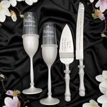 Load image into Gallery viewer, Silver wedding cake cutting set, wedding glasses for bride and groom, wedding plate & forks