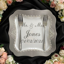 Load image into Gallery viewer, Gray pearl wedding glasses for bride and groom, wedding cake cutting set