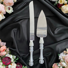Load image into Gallery viewer, Gray pearl wedding glasses for bride and groom, wedding cake cutting set