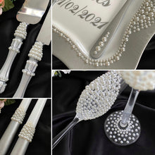 Load image into Gallery viewer, Gray pearl wedding glasses for bride and groom, wedding cake cutting set
