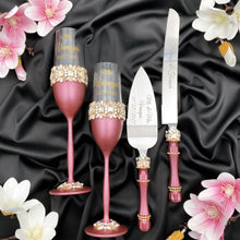 Load image into Gallery viewer, Burgundy wedding glasses for bride and groom, wedding cake server sets