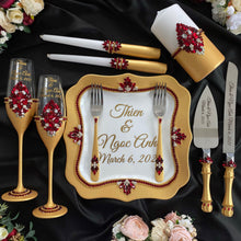 Load image into Gallery viewer, Gold red wedding cake cutting set, wedding glasses for bride and groom, wedding plate and forks