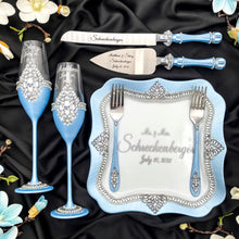 Load image into Gallery viewer, Blue wedding glasses for bride and groom, wedding cake server sets