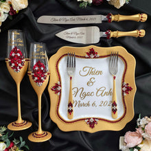 Load image into Gallery viewer, Gold red wedding cake cutting set, wedding glasses for bride and groom, wedding plate and forks