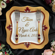 Load image into Gallery viewer, Gold red wedding cake cutting set, wedding glasses for bride and groom, wedding plate and forks, unity candles