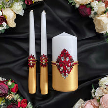 Load image into Gallery viewer, Gold red wedding cake cutting set, wedding glasses for bride and groom, wedding plate and forks, unity candles