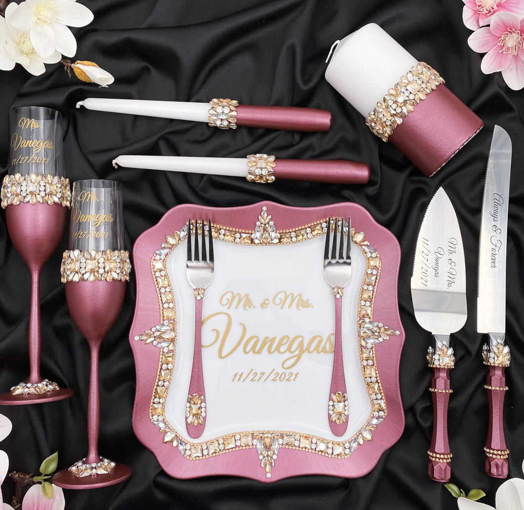 Burgundy wedding glasses for bride and groom, wedding cake server sets & cake plate