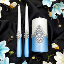 Load image into Gallery viewer, Blue wedding glasses for bride and groom, wedding cake server sets & cake plate, unity candles